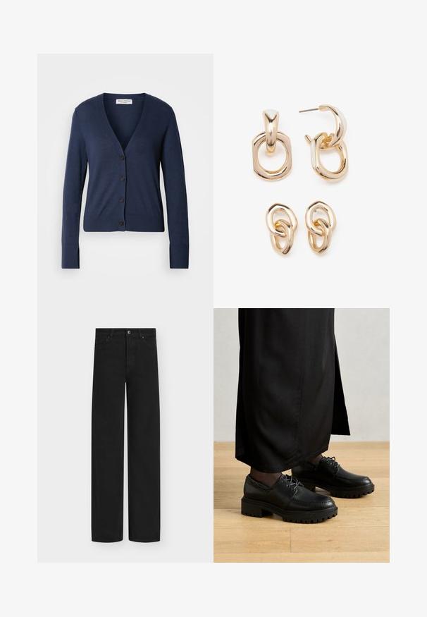 Sötétkék kardigán puha anyagból, V-kivágással, gombos elülső záródással, hosszú ujjakkal és bordázott mandzsettával.; Fehér, rövid ujjú póló, kerek nyakkivágással, laza szabású, puha pamut anyagból készült. Sima felület, nincs rajta minta vagy logó.; Fekete, széles szárú farmernadrág farmerből, gombos záródással és öt zsebbel. Simább textúrájú, tiszta, letisztult, minimalista dizájnnal.; Fekete bőrcipő, kerek orral, vastag gumitalppal és fűzővel. A dizájn díszítő varrást tartalmaz a felső részen.; Aranyszínű fülbevalók, amelyek geometriai formák keverékét tartalmazzák: négyzet, kör és összekapcsolt ovális minták, fényes felülettel.