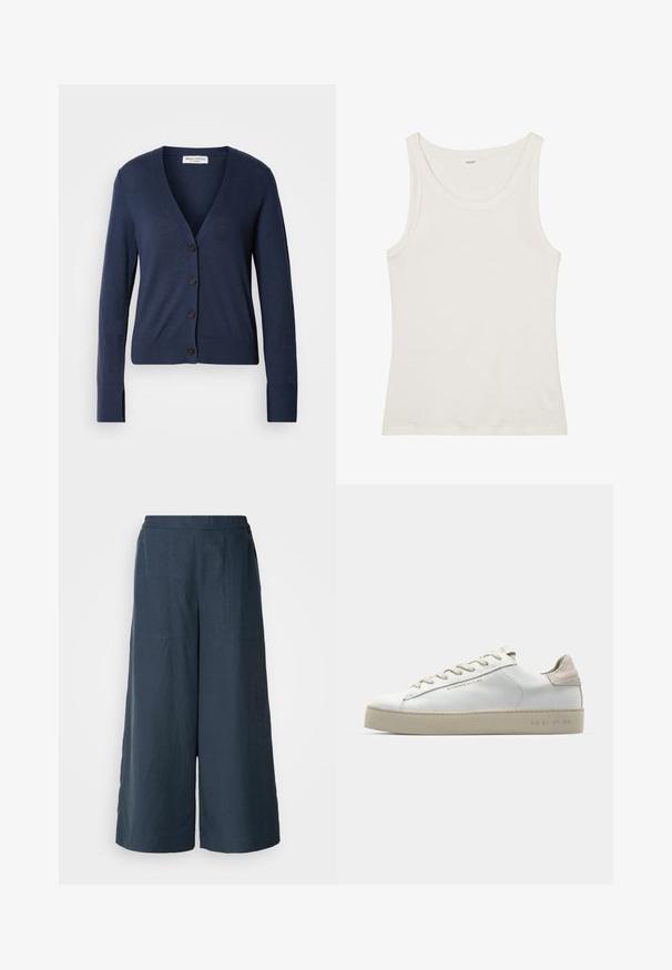 Ναυτικό μπλε κασκόλ φτιαγμένο από μαλακό υλικό, με V-λαιμό, κλείσιμο με κουμπιά μπροστά, μακριά μανίκια και ριχτές μανσέτες.; Λευκό βαμβακερό τοπάκι με φαρδιά λαιμόκοψη και λεπτές τιράντες. Λείος υφασμάτινος υφής χωρίς ορατά μοτίβα ή διακοσμήσεις.; Πλατύ παντελόνι σε ναυτικό μπλε χρώμα, φτιαγμένο από ελαφρύ ύφασμα. Διαθέτει ελαφρώς υφασμένη επιφάνεια, ελαστική μέση και μπροστινές ραφές.; Λευκά δερμάτινα sneakers με λεία επιφάνεια, μπεζ σουέτ λεπτομέρειες, στρογγυλή μύτη, επίπεδη σχέδια δέσιμο και υφασμένη καουτσούκ σόλα.