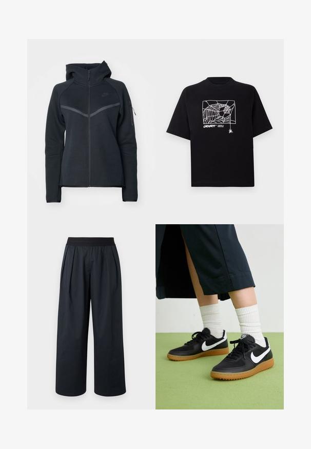 Černá mikina na zip s vysokým límcem, kontrastními šedými akcenty a bočním zipovým kapsou. Vyrobena z měkkého fleecového materiálu s přiléhavým střihem.; Černé tričko vyrobené z bavlny s krátkými rukávy. Na přední straně má bílé grafické zobrazení pavučiny a logo. Jednoduchý kulatý výstřih.; Černé široké kalhoty s plisovaným předkem, elastickým pasem a hladkou texturou látky. Mají volný střih a zkrácenou délku.; Černé kožené a syntetické tenisky s bílým logem Nike, gumovou podrážkou, kulatou špičkou a černými tkaničkami. Viditelné žebrované bílé ponožky.