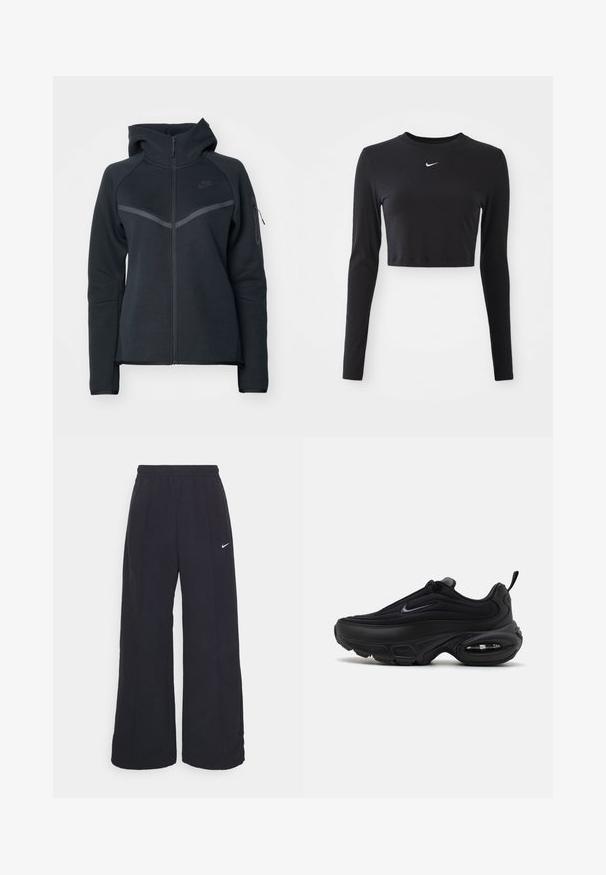 Sudadera con cremallera negra y cuello alto, con acentos en gris contrastante y un bolsillo lateral con cremallera. Fabricada en material de forro polar suave con un diseño ajustado.; Top corto de manga larga negro, confeccionado en una tela suave, con un escote redondo y un logo blanco de Nike en el pecho.; Pantalones de pierna ancha negros con una cintura elástica y un pequeño logo blanco de Nike. La tela tiene una textura suave, diseñada para la comodidad y el uso casual.; Zapatilla deportiva negra con un upper suave y texturizado. Presenta una puntera redonda, un collar acolchado y una amortiguación de aire visible en la suela.