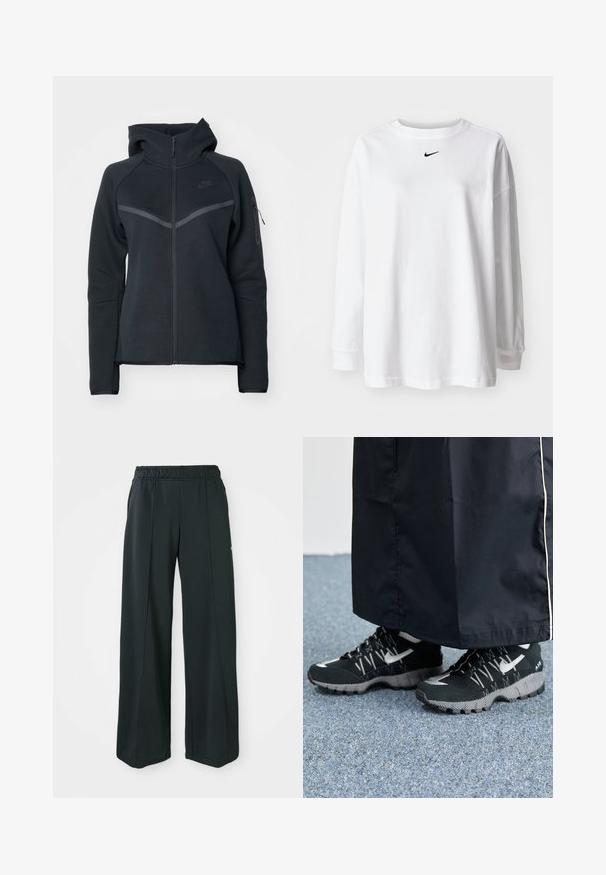 Svart zip-up hettegenser med høy krage, kontrasterende grå detaljer og en sidelomme med glidelås. Laget av mykt fleece-materiale med en tettsittende design.; Hvit langermet t-skjorte laget av bomull, med rund halslinning og en liten svart Nike-logo på brystet. Enkel design, avslappet passform.; Sorte, vide treningsbukser med elastisk midje. Laget av glatt, elastisk stoff, med subtile front sømmar og utan lommer.; Svarte treningssko med teksturert overdel, sølv detaljer og mønstrete såle, sammen med et svart langt plagg. Plassert på et blått teppe.