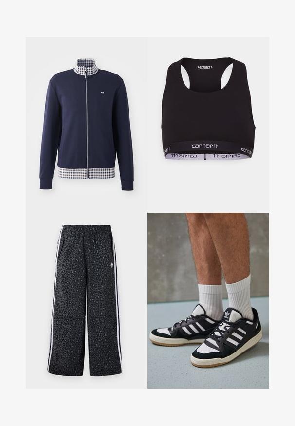 Jachetă albastră cu fermoar, cu guler înalt, căptușeală interioară în carouri alb-albastre și tiv în carouri. Dispune de buzunare laterale și manșete elastice.; Sutien sport negru cu decolteu rotund și design tip racerback. Dispune de un elastic întărit cu brandul alb "carhartt". Textură moale a materialului.; adidas Originals GRAPHIC UNISEX - Pantaloni de trening - black; Adidași negri și albi cu un superior din suede și piele, prevăzuți cu trei dungi albe, un vârf perforat și o talpă din cauciuc caramel.