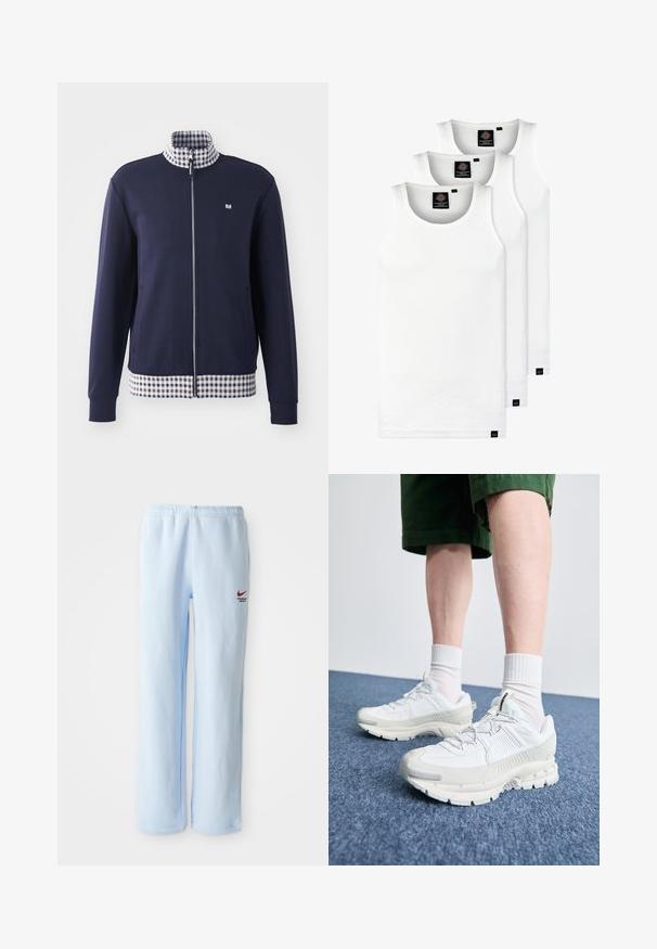 Sötétkék zipzáras dzseki magas gallérral, fehér és kék kockás bélés és kockás szegély. Oldalzsebekkel és elasztikus mandzsettákkal rendelkezik.; Három fehér csíkos pamut trikó. Felső része kerek nyakkivágású, és a szegély közelében kis fekete címkék találhatók. Több méretben elérhető.; Világoskék melegítőnadrág, rugalmas derékkal, kis piros Nike logóval és "Athletic Department" felirattal. Puha pamut anyag.; Fehér sportcipők texturált burkolattal, vastag talppal és szürke részletekkel. Fehér sportzoknival és zöld rövidnadrággal viselve, kék felületen.