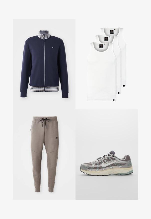 Marineblauwe zip-up jas met een hoge kraag, witte en blauwe geruite binnenvoering en geruite zoom. Voorzien van zijzakken en elastische manchetten.; Drie witte geribde tanktops van katoen. Kenmerken zijn een ronde hals en kleine zwarte labels nabij de zoom. Verkrijgbaar in meerdere maten.; Grijze Nike-sweatpants met een verstelbare tailleband, taps toelopende benen, zijzakken en opvallende naaddetails. Zachte, gestructureerde stof.; Grijze sportieve schoen met een bovenwerk van mesh en suede, witte accenten, een gevoerde zool en een onderscheidend ontwerp met reflecterende elementen.