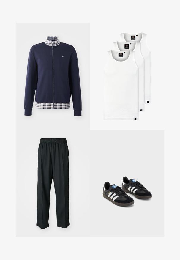 Giacca navy con zip e colletto alto, fodera interna a quadri bianca e blu, e orlo a quadri. Presenta tasche laterali e polsini elasticizzati.; Tre canotte bianche a coste in cotone. Presentano un colletto rotondo e piccole etichette nere vicino all'orlo. Disponibile in diverse taglie.; Pantaloni sportivi neri con vita elastica, realizzati in tessuto liscio, con cuciture laterali sottili e un fit rilassato, design a gamba dritta.; Sneakers neri con tomaia in suede e materiale sintetico, caratterizzati da tre strisce bianche, suola in gomma testurizzata e etichetta blu sul linguetta.