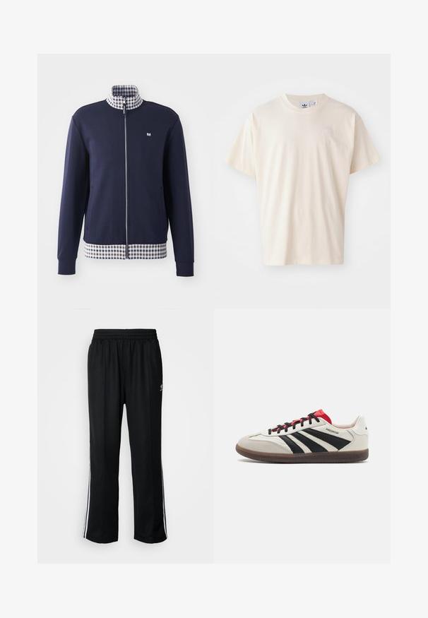 Chaqueta de cremallera en color marino con un alto collar, forro interior a cuadros en blanco y azul, y dobladillo a cuadros. Presenta bolsillos laterales y puños elásticos.; Camiseta de algodón color crema con cuello redondo y mangas cortas; presenta un pequeño logo de color claro en el pecho.; Pantalones deportivos negros con cintura elástica, que presentan rayas laterales blancas y un pequeño logotipo. El material parece suave y ligero.; Zapatillas blancas y negras con acentos rojos, que cuentan con una parte superior de ante y cuero, tres rayas negras, cordones planos y una suela de goma texturizada.