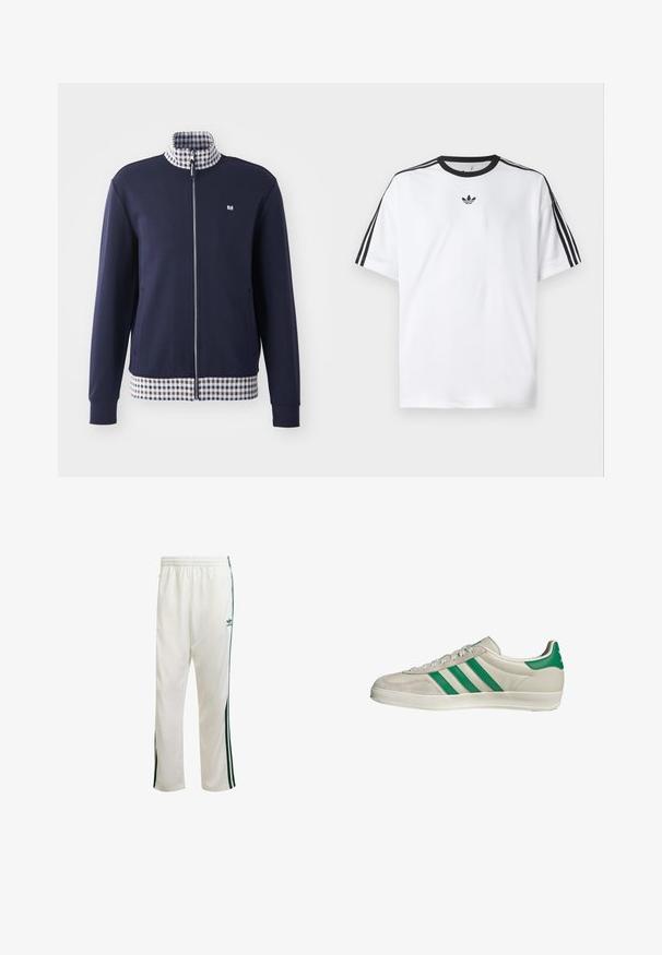 Giacca navy con zip e colletto alto, fodera interna a quadri bianca e blu, e orlo a quadri. Presenta tasche laterali e polsini elasticizzati.; Maglietta bianca in cotone, con scollatura rotonda nera e tre strisce nere su ciascuna spalla. Piccolo logo nero sul petto.; Pantaloni da ginnastica bianchi con strisce verdi sui lati, cintura elastica e un logo sulla parte superiore sinistra. Realizzati in tessuto leggero.; Sneaker beige con strisce verdi, con suola bianca e tomaia in pelle liscia. Vista laterale che evidenzia i dettagli dei lacci e il logo.