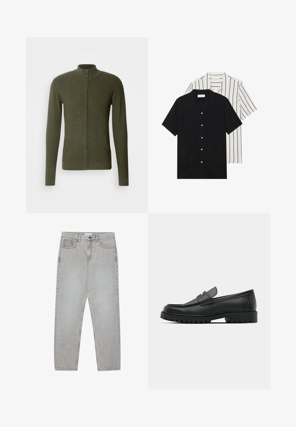 Kaki zeleni zip-up pulover z visokim ovratnikom, izdelan iz teksturirane pletenine, s dolgimi rokavi in prilagojenim silhueto.; Dve majice s kratkimi rokavi: ena enobarvna črna, druga bela z črnimi navpičnimi črtami. Obe imata gumbaste zapenke in klasičen ovratnik.; Svetlo sivi traper hlače s ravnim krojem, pet žepov in gumbom za zapiranje. Vidno šivanje ob šivih.; Črne usnjene loafers čevlje z zaobljenim nosom, ki imajo šivano zasnovo, nizko platformo in teksturiran, profiliran gumijast podplat.