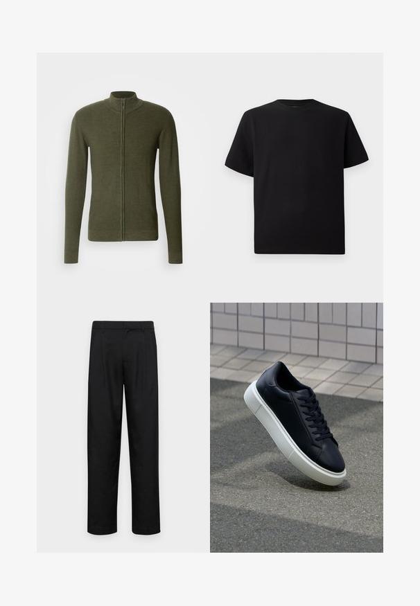 Kaki grønne zip-sweater med højt krave, lavet af struktureret strikket stof, med lange ærmer og en tætsiddende silhuet.; Sort kortærmet T-shirt lavet af tekstureret stof, med rund halsudskæring og en afslappet pasform. Enkel, uden mønstre eller accenter.; Sorte bukser lavet af glat stof, med et lige ben-design, to frontfolder og en standard talje med bæltestropper.; Sort lædersneaker med rund tå og hvid gummisål. Har flade snørebånd og minimal syning på overdelen. Tekstureret sål for bedre greb.