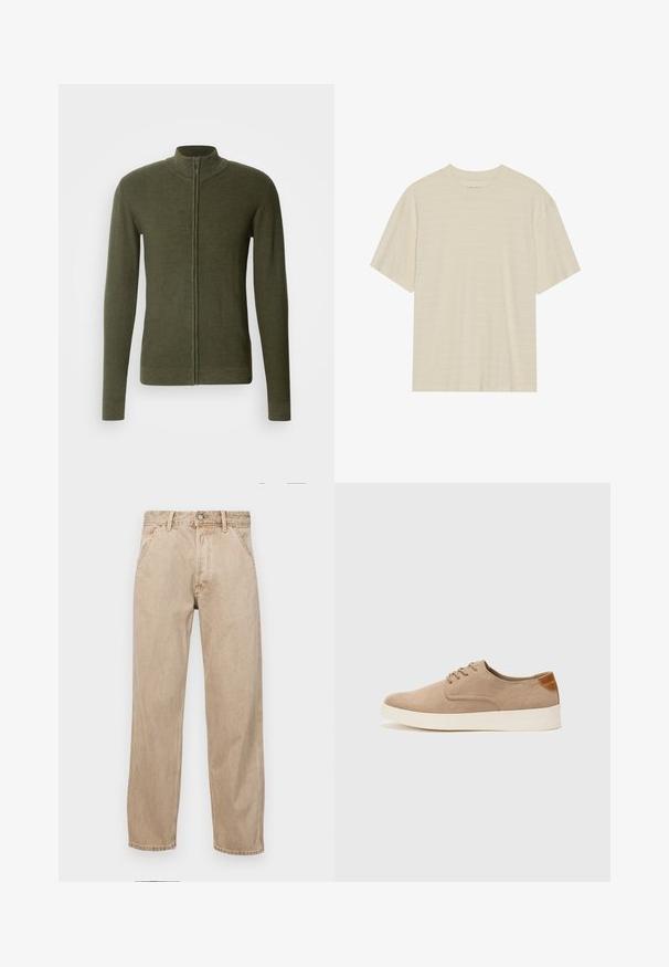 Kaki zeleni zip-up pulover s visokim ovratnikom, izrađen od teksturirane pletenine, s dugim rukavima i uskim krojem.; Majica kratkih rukava krem boje s blagom prugastom teksturom i okruglim izrezom, izrađena od lagane tkanine.; Bež teksas traperice ravnog kroja, s prednjim džepovima, metalnim zakopčavanjem i suptilnom teksturom.; Bež nubuk tenisice s okruglim vrhom, vezanjem sprijeda i teksturiranim stražnjim naglaskom. Bijela gumena potpetica pruža kontrast. Jednostavan i moderan dizajn.