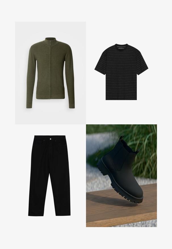Kaki grön zip-up tröja med hög krage, gjord av texturerat stickat tyg, med långa ärmar och en figurnära silhuett.; Svart kortärmad t-shirt med tunna vita horisontella ränder. Tillverkad av mjukt tyg med rundad hals och avslappnad passform.; Svarta denimbyxor med rak passform, femficksdesign och framknäppning. Slät textur med minimala sömdetaljer.; Svart ankelstövel med en slät yta, elastiska sidopaneler och en tjock, robust sula. Mot en naturlig bakgrund på en träytan.