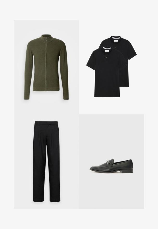 Khaki zelený sveter na zips s vysokým golierom, vyrobený z textúrovanej pleteniny, s dlhými rukávmi a priliehavým strihom.; Dvé čierne polo tričká, krátke rukávy, vyrobené z bavlny, s klasickým golierom, dvojitým gombíkom a bielymi pruhmi vo vnútri goliera.; Čierne nohavice vyrobené z hladkej tkaniny, s rovnými nohavicami, dvoma prednými skladmi a štandardným pásom s pútkami na opasok.; Čierne kožené loafers s hladkým povrchom, s prešitým dizajnom a dekoratívnym kovovým reťazovým akcentom cez priehlavok. Plochý podpätok.