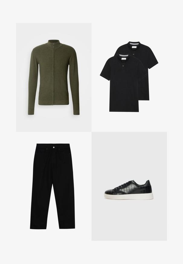 Khaki roheline tõmblukuga sviiter kõrge kraega, valmistatud tekstureeritud kudumisest, pikkade varrukatega ja kitsa siluettiga.; Kaks musta polo särki, lühikeste varrukatega, puuvillane materjal, klassikalise kraega, kahe nupuga kinnitusega, valgete triipudega krae sisepinnal.; Mustadest denimist püksid, millel on sirge jalg, viie tasku disain ja eesnupuga sulgur. Sile tekstuur koos minimaalsete õmblustega.; Mustad mustad mustad kroko-reljeefiga nahast ülemine osa, ümar varvas ja kontrastne valge kummitald, millel on sile viimistlus.