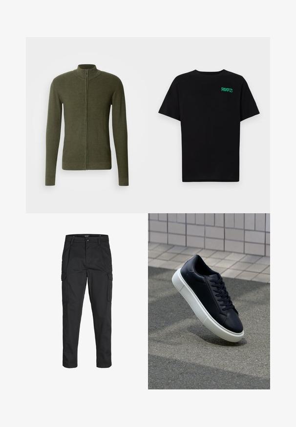 Khakigrüner Reißverschluss-Pullover mit hohem Kragen, aus strukturiertem Strickstoff, mit langen Ärmeln und taillierter Silhouette.; Schwarzes T-Shirt aus Baumwolle mit kurzen Ärmeln. Auf der Vorderseite befindet sich ein grünes "ROOTS"-Logo, es hat einen runden Halsauschnitt und eine normale Passform.; Schwarze Cargo-Hose aus robustem Material, mit mehreren Taschen, einem Knopfverschluss und einem Slim-Fit-Design mit schmal zulaufenden Beinen.; Schwarze Leder-Sneaker mit runder Zehenpartie und weißer Gummisohle. Verfügt über flache Schnürsenkel und minimale Nähte im Obermaterial. Strukturiertes Sohlenprofil für besseren Halt.