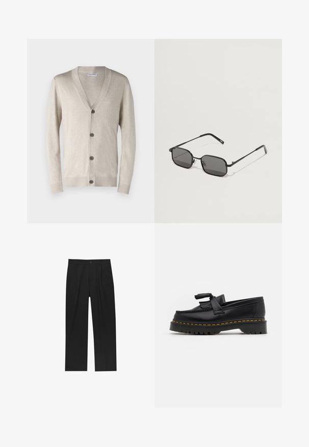 Beige cardigan med V-udskæring, fem mørke knapper fortil, ribbede manchetter og kant. Fremstillet af et blødt, let stof.; Hvid bomulds t-shirt med korte ærmer, rund halsudskæring, afslappet pasform, og ingen synlige logoer eller mønstre. Glat tekstur og minimalistisk design.; Sorte bukser med lige ben, lavet af et glat stof. Har frontfolder og en enkelt knaplukning i taljen.; Sort læderloafer med en frynsedetalje, der har en kraftig sort sål og gul syninger langs kanten. Teksturert overflade.; Sorte solbriller med rektangulære linser, slank metalramme og lige stænger. Har klare silikone næsepuder for komfort.