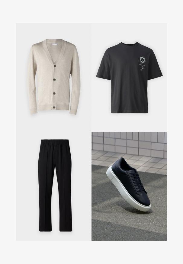 Beige kardigan med V-hals, fem mørke knapper foran, ribbede mansjetter og nedre kant. Laget av et jevnt, lett stoff.; Svart bomullst-skjorte med korte ermer, rund hals og frontgrafikk av en sol og måne, ledsaget av teksten "Le Soleil et La Lune."; Svart, elastisk midjebukser med rett ben-design, med en glatt tekstur og uten synlige mønstre eller maskinvare.; Sorte skinnsneakers med rund tå og hvit gummisåle. Har flate lisser og minimal søm på overdelen. Strukturert såle for grep.