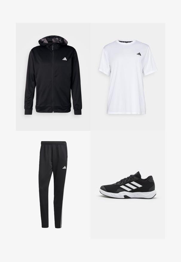 adidas Performance TRAIN ESSENTIALS CAMO FULL ZIP - Training jacket - black; White athletic t-shirt with short sleeves, made from moisture-wicking fabric. Features a black logo on the left chest and a patterned interior neckline.; Black athletic pants with a stretchy waistband, white side stripes, and a small white logo on the thigh. Made from a smooth, lightweight material.; Black athletic shoes with a textured mesh upper, white accent stripes, a cushioned sole, and a reinforced heel for support.