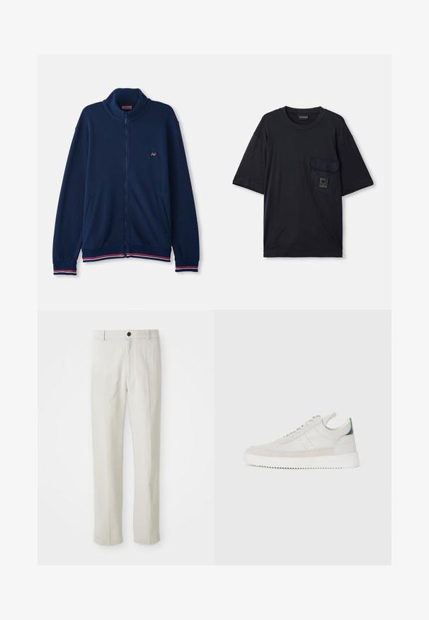 Námornícky modrá zipová bunda s vysokým golierom, rebrovanými manžetami a lemom s červenými a bielymi pásikmi; vyrobená z mäkkého, textúrovaného materiálu.; Čierne tričko s krátkym rukávom a okrúhlym výstrihom, s klopovým vreckom na ľavej hrudi, na ktorom sa nachádza malá obdĺžniková nášivka s logom.; Béžové nohavice s rovnými nohavicami, so slučkami na opasok, predným gombíkom a zipsovým zapínaním, vystavené na bielom pozadí.; Biele kožené tenisky s šedými semišovými akcentmi, viazanie, pútko na päte a textúrovaná gumová podrážka s cik-cak vzorom.