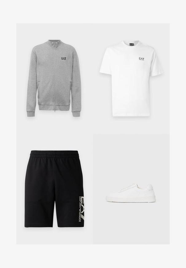 Svijetlosiva dukserica sa zatvaračem s EA7 Emporio Armani logom na lijevoj strani prsiju, s bočnim džepovima i rebrastim manžetama i donjim rubom.; Bijela pamučna majica s okruglim izrezom, kratkim rukavima i crnim EA7 logotipom na lijevoj strani prsiju. Glatka, jednostavna tekstura.; EA7 Emporio Armani TRAIN VISIBILITY - Kratke hlače - black/cream; Bijela tenisica s glatkim kožnim gornjim dijelom, okruglim vrhom, vezicama, teksturiranim bočnim detaljima i debelim gumeni potplat. Minimalistički dizajn.
