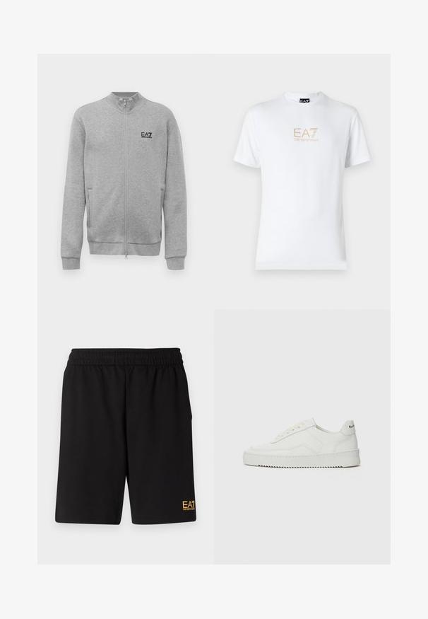 Svetlosivá mikina na zips s logom EA7 Emporio Armani na ľavej hrudi, obsahuje bočné vrecká a rebrované manžety a spodný lem.; Biela bavlnená tričko s okrúhlym výstrihom a krátkymi rukávmi, na prednej strane s potlačou zlatého loga EA7 Emporio Armani.; Čierne športové šortky vyrobené z jemného materiálu, s elastickým pásom a malým žltým logom EA7 na dolnej ľavej nohe.; Biele kožené tenisky s hladkým povrchom, okrúly špičkový dizajn, ploché šnúrky a textúrovaná podrážka. Obsahujú jemné logo na päte.