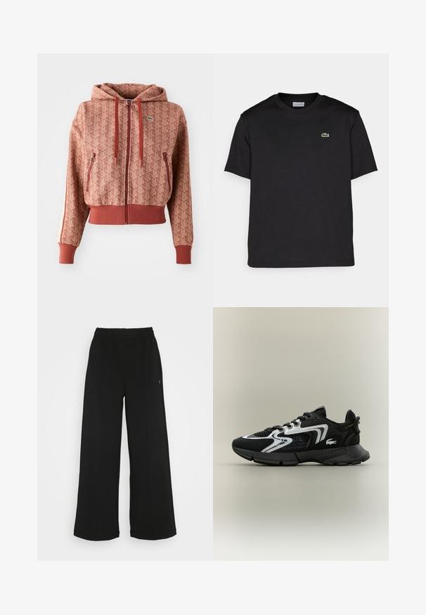 Geknipte hoodie in terracotta met een geometrisch patroon, volledige ritssluiting, twee zijzakken met rits en contrasterende strepen op de mouwen.; Zwart katoenen t-shirt met een ronde halslijn, korte mouwen en een klein groen geborduurd logo op de linkerborst. Eenvoudig ontwerp.; Zwarte wijde broek met een elastische tailleband. Gemaakt van een zachte, lichte stof. Heeft verticale naden aan de voorkant.; Zwarte sportschoenen met gaaspanelen, zilveren accenten en gestructureerde zwarte overlays. Voorzien van veters en een gebogen, stevige buitenzool.