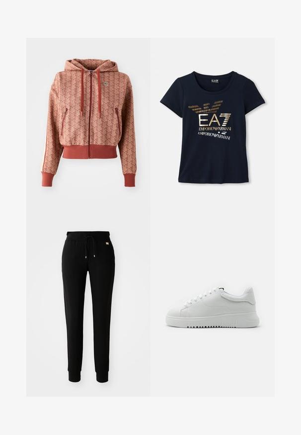 Cropped hoodie in terracotta with a geometric pattern, full zip, two side zippered pockets, and contrasting stripes on sleeves.; Navy blue short-sleeve t-shirt made of cotton, featuring a metallic gold graphic logo with text and stylized eagle wing accents.; Black tapered sweatpants with drawstring waist and cuffed ankles, displayed on a plain white background.; White sneakers with a textured leather upper, round toe, and lace-up design. Thick white rubber sole with textured grip pattern.