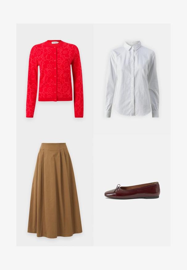 Cárdigan de punto rojo con estampado floral, cuello redondo y cierre de botones. Mangas largas y detalles acanalados en puños y borde inferior.; Camisa blanca de botones hecha de algodón suave, con un cuello clásico, mangas largas y un dobladillo curvado. Los botones son pequeños y blancos.; Falda de algodón marrón en corte A con una cintura alta, que presenta plisados en la parte frontal y una textura suave. Los acabados del dobladillo son limpios y simples.; Bailarina de charol burdeos con punta redonda, pequeño lazo en la parte frontal y una suela baja de goma negra. Textura suave.