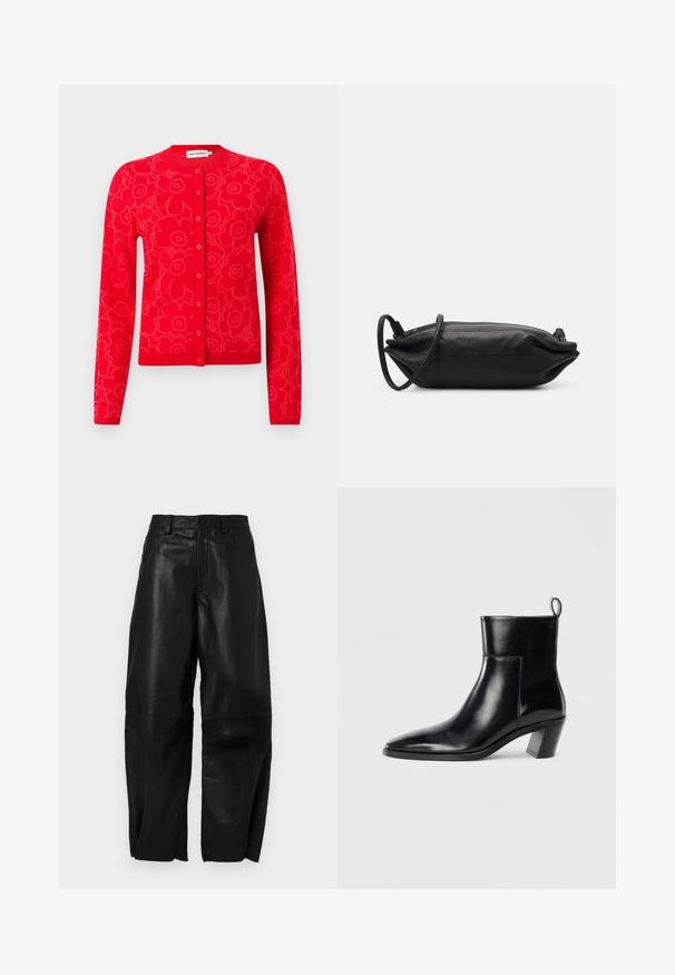 Cárdigan de punto rojo con estampado floral, cuello redondo y cierre de botones. Mangas largas y detalles acanalados en puños y borde inferior.; Blusa negra con mangas largas de gasa, con pliegues en la parte frontal y un adorno de flor de tela en capas en el hombro izquierdo. Cierre de botón en el cuello.; Pantalones de cuero negro con un corte holgado, que presentan un diseño de pierna recta, bolsillos frontales y detalles de costura visibles.; Botín de piel negra hasta el tobillo con punta afilada, tacón apilado geométrico y una lengüeta en la parte posterior. Textura suave y diseño elegante.; Bolso de mano de cuero negro con forma rectangular, textura suave, correa delgada para el hombro y diseño minimalista.