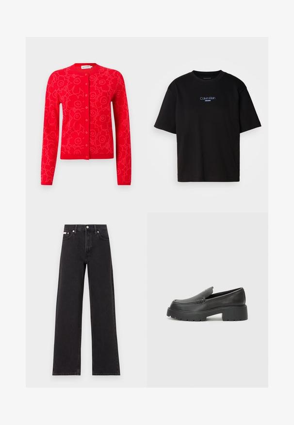 Rode gebreide cardigan met bloemmotief, ronde hals en knoopsluiting. Lange mouwen en geribbelde boorden en zoom.; Zwart katoenen T-shirt met ronde hals, korte mouwen en blauw geborduurd "Calvin Klein JEANS" logo op de voorkant.; Zwarte wijde spijkerbroeken van denim, met een hoge taille, vijf-pocket stijl en een metalen knoopsluiting met contrasterende stiksels.; Zwarte leren instappers met een ronde neus, dikke getextureerde zool en minimale stikseldetails. Strak ontwerp zonder zichtbare veters of hardware.