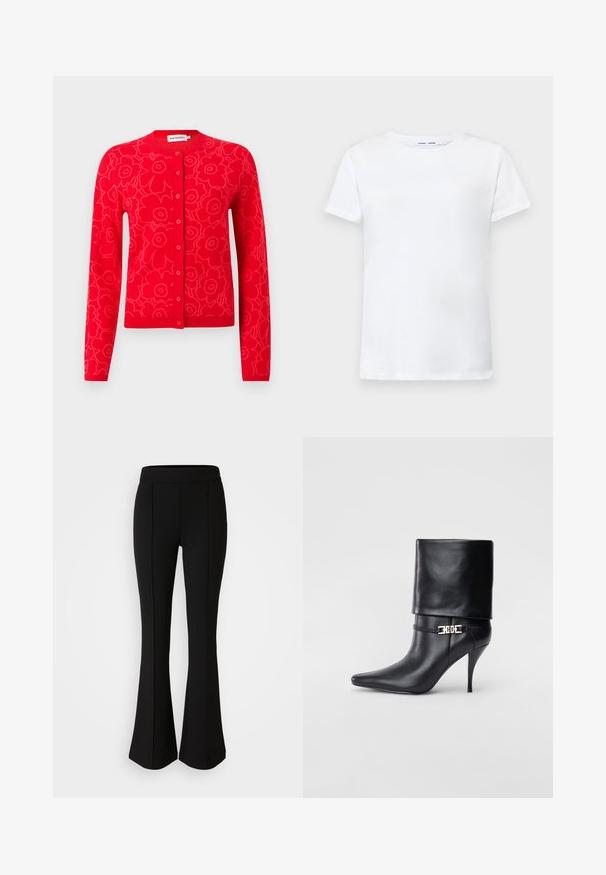 Rdeč pleten kardigan z cvetličnim vzorcem, okroglim izrezom in zapiranjem na gumbe. Dolgi rokavi ter detajli z rebrastimi manšetami in robom.; Bela kratka majica s kratkimi rokavi iz bombaža z obliko okroglega izreza. Gladka struktura in raven kroj, brez vzorcev ali dodatkov.; Črne razširjene hlače iz raztegljivega materiala z gladko teksturo, ki imajo šive spredaj za dodatno oblikovanje.; Črne usnjene gležnjarje z ostrim nosom, visokim stiletto peto, zavihanim robom in zlatim okrasnim zaponko na gležnju.