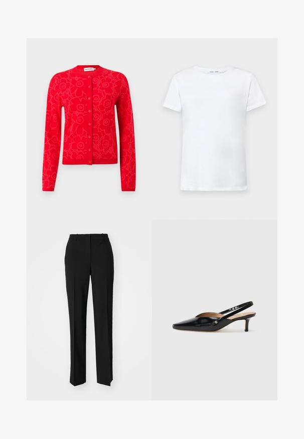 Punane kootud kardigan, millel on lillemustriline disain, ümmargune kaelus ja nööpidega kinnitamine. Pikkade varrukatega ning mansettide ja äärega soonikkoes detailid.; Valge lühikeste varrukatega T-särk, valmistatud puuvillast, ümmarguse kaelusega. Sile tekstuur ja sirge lõige, ilma mustrite või aktsentideta.; Mustad ja sirged püksid, millel on sile tekstuur ja teravad voldid esiosas. Ilma nähtavate detailideta.; Must mustaalk naha Slingback-kingad terava varba, väikese kontsaga ja lõikega kujundusega ülevalt. Kuldse tooni detail küljel.