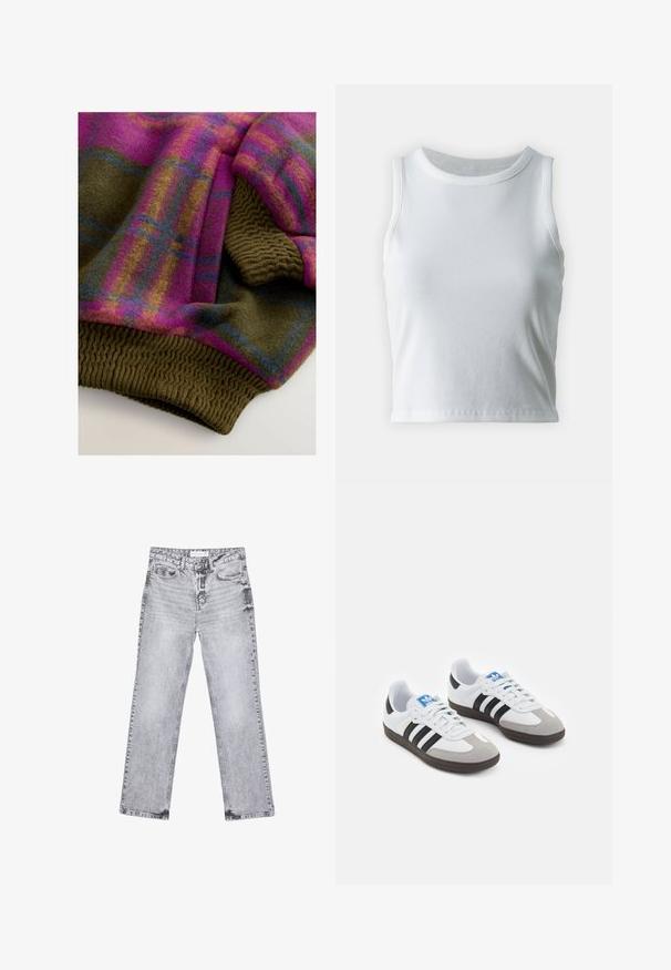 Plaid wool blend fabric in purple, pink, brown, and blue; features ribbed olive green cuffs and hem with textured detailing.; White ribbed tank top with a round neckline and sleeveless design, featuring a straight hem and a smooth, stretchy texture.; Gray denim jeans with a straight-leg cut, distressed detailing, five pockets, and copper rivets. Waistband features a logo tag.; Sport shoes with a white leather upper, gray suede toe, and three black stripes. Features a blue logo on the tongue and a textured rubber sole.
