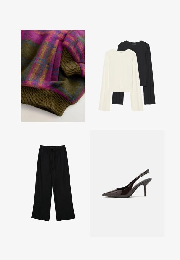Tissu en mélange de laine carreaux dans des tons de violet, rose, marron et bleu ; présente des poignets et un ourlet côtelés en vert olive avec des détails texturés.; Ensemble de deux hauts à manches longues en blanc et noir. Texture côtelée, col rond, design ajusté avec des manches légèrement évasées.; Pantalons larges noirs, légers, avec taille élastique et cordon de serrage. Texture lisse, sans motifs ni éléments métalliques visibles.; Soulier à talons hauts type slingback en cuir verni marron foncé brillant, à bout pointu, côtés ouverts et bride de cheville réglable.