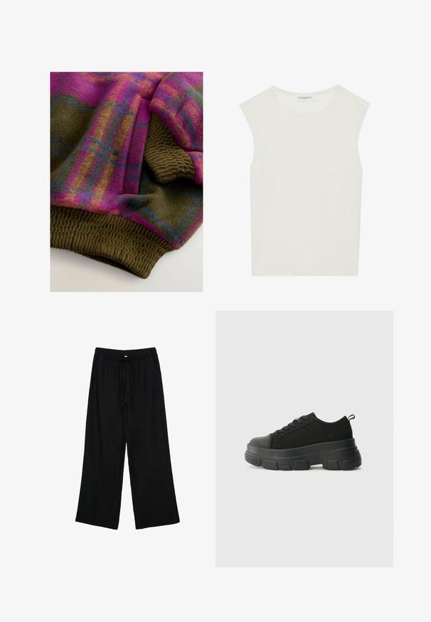 Tissu en mélange de laine carreaux dans des tons de violet, rose, marron et bleu ; présente des poignets et un ourlet côtelés en vert olive avec des détails texturés.; Haut sans manches blanc avec un col rond. Fabriqué en tissu lisse, il présente une coupe décontractée et un design minimaliste. Pas de motifs ni d'accents.; Pantalons larges noirs, légers, avec taille élastique et cordon de serrage. Texture lisse, sans motifs ni éléments métalliques visibles.; Baskets noires avec une semelle en caoutchouc épaisse, un dessus en tissu texturé, un bout rond et un design à lacets. Présente des œillets renforcés et une languette à l'arrière.