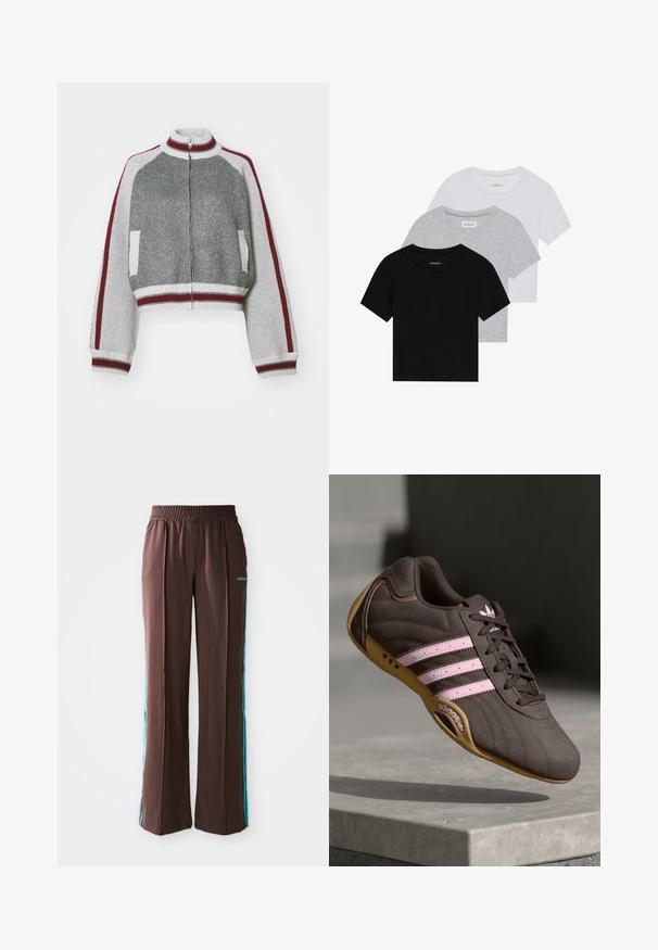 Gray cropped jacket with a high collar, full zipper, white ribbed cuffs and hem, and maroon shoulder and side stripes. Textured fabric.; Set of three short-sleeve t-shirts in black, gray, and white. Made from cotton, featuring a crew neck and a simple, solid color design.; Brown athletic pants with a ribbed texture, elastic waistband, and turquoise side stripes. Features the adidas logo on the front.; Brown suede athletic shoe with pink stripes and logo, featuring a textured upper, lace closure, and a gum rubber sole.