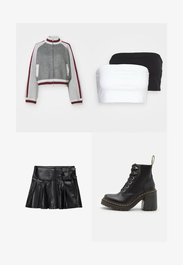 Siva skrajšana jakna z visokim ovratnikom, polnim zadrgo, belimi rebrastimi manšetami in robom ter maroon črtami na rami in straneh. Teksturična tkanina.; Dva brezramna kratka zgornja dela v črni in beli barvi, izdelana iz raztegljivega bombažnega blaga. Gladka tekstura z enostavnim dizajnom in brez vidnih šivov.; Črna usnjena krilo s gubami, širokim pasom in dvema zaponkama na strani. Gladka tekstura s sijajno obdelavo.; Črne usnjene gležnarske škornje z masivnim visokim petami, vezanjem spredaj, kovinskimi luknjicami in rumenim šivom ob podplatu. Teksturiran gumijast podplat.