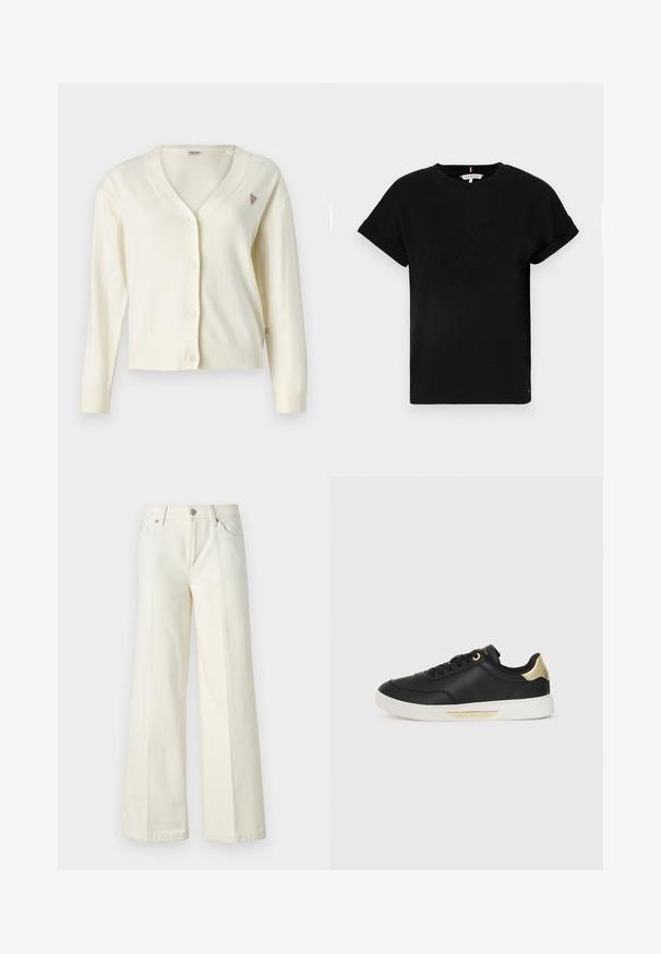 Cream cardigan with a v-neckline, button front, long sleeves, ribbed cuffs, and hem. Features a small triangular logo on the chest.; Black cotton t-shirt with rolled short sleeves, featuring an embossed logo in the center and a small flag accent on the side.; Wide-leg white jeans made from cotton blend fabric. Features a zipper fly, five-pocket design, and stitching along the seams.; Black leather sneaker with a smooth texture, white rubber sole, gold accents on the heel and eyelets, featuring a logo on the side.