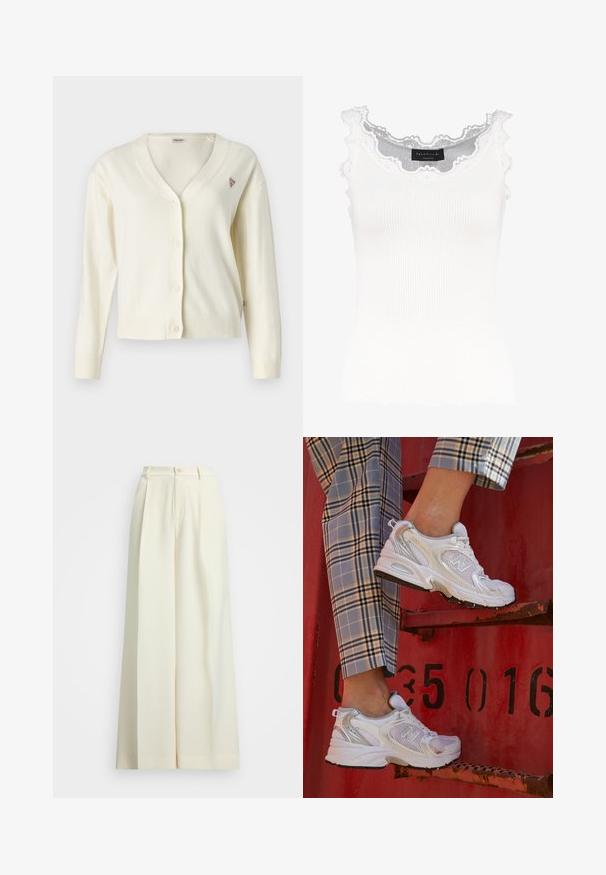 Cream cardigan with a v-neckline, button front, long sleeves, ribbed cuffs, and hem. Features a small triangular logo on the chest.; White ribbed tank top with lace trim on the neckline and sleeves. Features a soft texture and fitted shape. Brand label visible inside.; Wide-leg trousers in off-white fabric, featuring a high waist, double pleats, and a button closure. Smooth texture and tailored design.; White mesh sneakers with silver accents and a textured sole, positioned on a red surface, paired with plaid trousers.