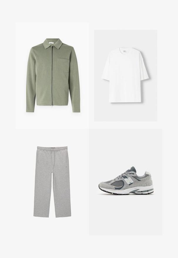 Dicker Reißverschlussjacke in gedämpftem Grün mit Kragen, langen Ärmeln, einer Fronttasche und einer gerippten Textur.; Weißes kurzärmliges T-Shirt aus Baumwolle mit Rundhalsausschnitt und lockerer Passform. Glatte Textur, ohne sichtbare Muster oder Akzente.; Graue Baumwoll-Loungehosen mit elastischem Bund, Kordelzug und zwei seitlichen Taschen; gerader Schnitt, weiche Textur, ohne Muster.; Graue Sneakers aus Mesh- und Wildledermaterialien, mit einem weißen Logo, gepolsterter Knöchelpartie und strukturiertem Gummisohle. Akzente in dunklerem Grau.