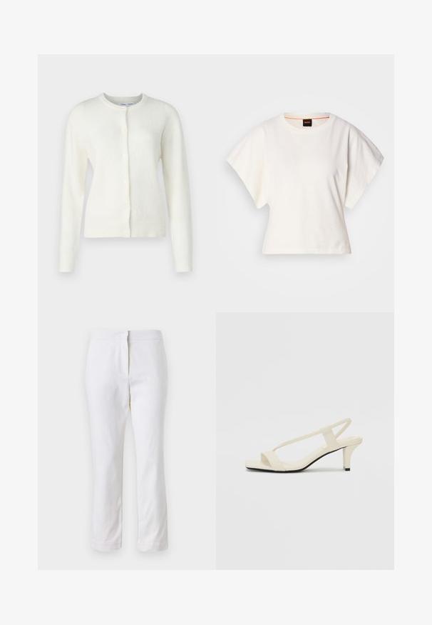 Valge kardigan pehmest, tekstuurist kangast. Omab ümmargust kraed, pikki hi sleeves ning esipaneeli nuppe kinnitamiseks. Minimalistlik disain.; Valge lühikeste laiadte varrukatega lühike T-särk, pehme puuvillane materjal, ümar kaelus kergelt oranži ääristusega, minimaalne disain, ilma mustrite ja graafikateta.; Valged puuvillased püksid sirge lõikega, keskmise kõrgusega vöökoht ja ilma nähtavate detailide või mustriteta. Ühtlane sile tekstuur.; Beez blok-kandadesed õhukeste rihmadega ja ruudukujulise varbaga. Sile materjal minimaalsete detailidega, kujundatud mugavaks kandmiseks.