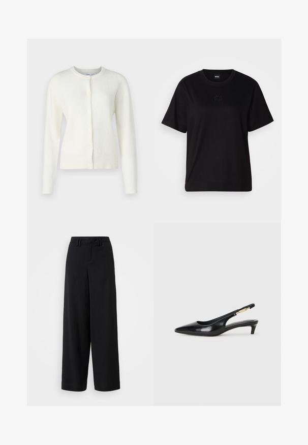 Fehér kardigán puha, textúrált anyagból. Kerek nyakkivágással, hosszú ujjal és elöl gombbal záródik. Minimalista dizájn.; Fekete pamut póló kerek nyakkivágással, rövid ujjakkal és hímzett logóval a mellkasán. Egyszerű, laza szabás, minta nélkül.; Fekete, széles szárú nadrág sima anyagból, lapos elejű kialakítással, redőzött részletekkel és övhurkokkal a derékrészen.; Fekete bőr slingback magassarkúk, hegyes orral, vékony sarkakkal és arany színű részlettel a állítható pánton. Simа felület.