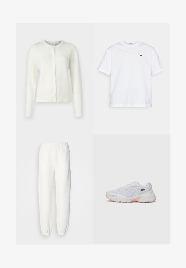 Cardigan bianco in un tessuto morbido e strutturato. Presenta un colletto rotondo, maniche lunghe e bottoni frontali per la chiusura. Design minimalista.; T-shirt bianco in cotone con scollo rotondo e maniche corte. Caratterizzato da un logo ricamato verde sul petto. Tessuto morbido, vestibilità comoda.; Pantaloni della tuta bianchi realizzati in morbido tessuto lavorato a maglia. La vita e i polsini elasticizzati offrono una vestibilità rilassata. Design minimalista, senza motivi o accenti visibili.; Scarpe atletiche bianche con una tomaia in mesh testurizzato, accenti rosa sottili sulla suola e un logo di coccodrillo verde sul lato.