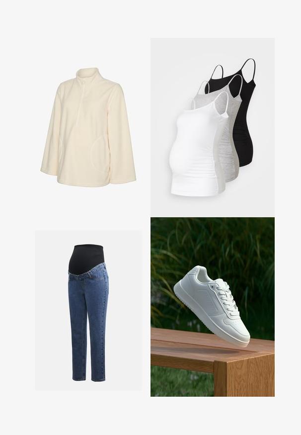 Pulover din fleece crem, cu guler înalt, fermoar frontal de un sfert și tiv rotunjit. Două buzunare laterale pentru funcționalitate sporită.; Trei topuri de maternitate fără mâneci, în alb, gri și negru. Material elastic cu bretele subtiri ajustabile și cusături laterale pliate pentru confort.; Jeans de maternitate cu picioare din denim albastru și un panou abdominal elastic negru, conceput pentru a susține și a acoperi o burtă în creștere.; Sneaker alb cu un upper sintetic neted, cu vârf perforat, șireturi plate și o talpă texturată, expus pe o suprafață de lemn.