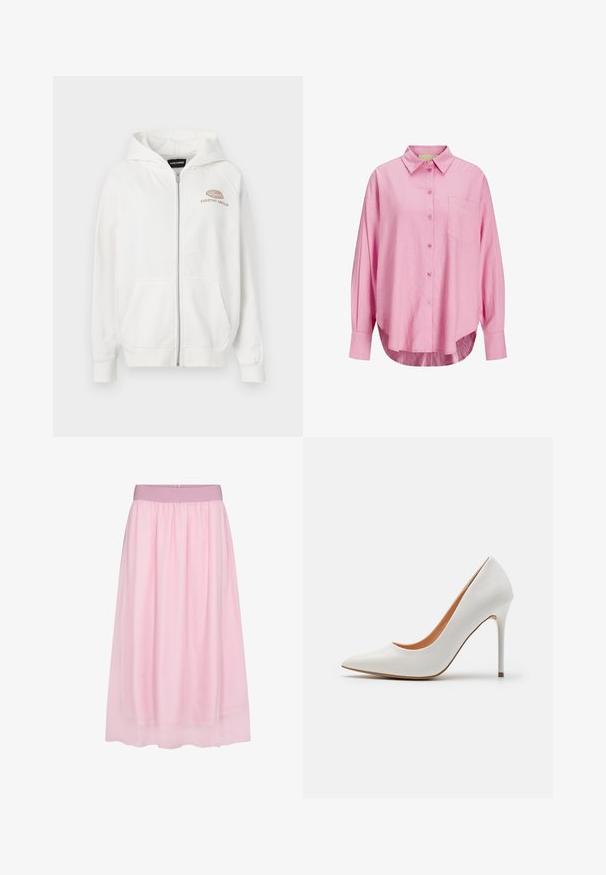 Bijela zip-up dukserica od mekanog materijala, s prednjim logotipom "EVERYDAY AMBITION" u svijetlosmeđoj boji. Ima kenguru džepove i rebraste manžetne.; Svijetlo ružičasta košulja s dugim rukavima, ovratnikom, jednim džepom na prsima i blago zakrivljenim rubom. Tkanina izgleda mekano.; Ružičasta tila suknja s mekim, prozirnim dizajnom. Ima elastičnu teleskopsku traku i lepršav silueta, stvarajući slojeviti efekt.; Bijele lakirane cipele na visokom petu s uskim vrhom i tankim štiklama, s glatkom teksturom i bež unutrašnjošću.
