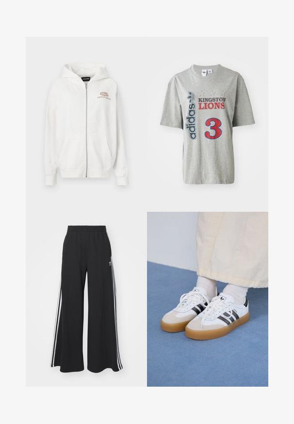White zip-up hoodie made of soft fabric, featuring a front logo with "EVERYDAY AMBITION" in light brown. Includes kangaroo pockets and ribbed cuffs.; Gray cotton t-shirt featuring "adidas" logo, "KINGSTON LIONS" text in red and black, and a large red "3" graphic on the front. Short sleeves.; Black wide-leg sweatpants with an elastic waistband, featuring white side stripes and an embroidered logo on the left thigh.; White sneakers with black stripes and beige suede accents. Feature a textured gum sole and flat white laces, worn with light-colored socks.