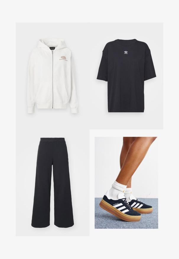 Balta kapucēta džempera jaka, izgatavota no mīksta auduma, ar priekšējo logotipu "EVERYDAY AMBITION" gaismas brūnā krāsā. Ietver kangaru kabatas un ribotās aproces.; Melna kokvilnas t-kreklā ar īsām piedurknēm un apaļu kakla izgriezumu, uz krūtīm ir balta Adidas logo. Vienkāršs dizains, brīvs piegriezums.; Melni platās svārku bikses, izgatavotas no mīksta auduma, ar elastīgu jostas daļu un mazu logotipu kreisajā pusē.; Melnas zamšādas sporta kurpes ar baltām svītrām un akcentiem, apaļa purngala daļa, gumijas zole, kopā ar baltām ribotām sporta zeķēm.