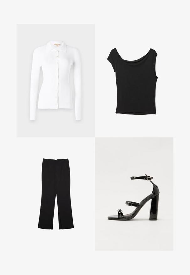 Cardigan bianco a coste con maniche lunghe, apertura frontale con bottoni e colletto classico. Texture morbida e design aderente. Dettagli di bottoni in evidenza.; Top nero a maniche corte realizzato in tessuto liscio; presenta un colletto drappeggiato e un orlo asimmetrico, con una vestibilità aderente.; Pantaloni neri a gamba dritta, con tasche frontali e spacchi laterali all'orlo. Realizzati in tessuto morbido e liscio. Adatti a diverse occasioni.; Sandali con tacco in vernice nera, con punta squadrata, cinturini alla caviglia e fibbie in argento. Presentano un tacco a blocco spesso per maggiore stabilità.