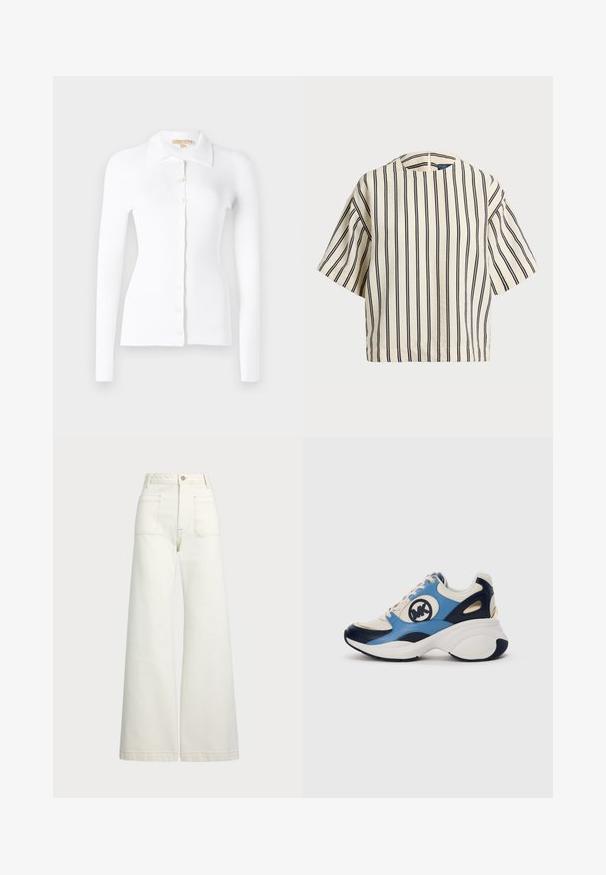 Cardigan alb cu fundă ribbed, cu mâneci lungi, închidere cu nasturi în față și guler clasic. Textură moale și design ajustat. Detalii proeminente ale nasturilor.; Cămașă cu mâneci scurte, cu dungi în nuanțe de crem și bleumarin, având un decolteu rotund și un design dreptunghiular dintr-un material texturat.; Jeans cu picioare late din denim alb-crem. Design cu talie înaltă, cu închidere prin nasture, două buzunare frontale și detalii cu cusături contrastante.; Tenisi din suede alb, bleumarin și albastru deschis, cu talpă groasă și logo circular brodat pe lateral.