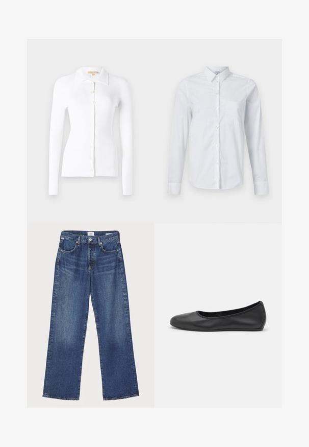 Fehér bordázott kardigán hosszú ujjal, gombos elülső résszel és klasszikus gallérral. Puha tapintás és testhezálló forma. Figyelemfelkeltő gombdetalírozás.; Fehér, hosszú ujjú ing, amely pamutból készült. Gombos elülső rész, hegyes gallér és egy mellzseb a bal oldalon.; Citizens of Humanity ANNINA - Egyenes szárú farmer - westwood dark indigo; Fekete bőr balettcipő lekerekített orral, sima tekstúrával, minimális varrással és rugalmas talp kialakítással.