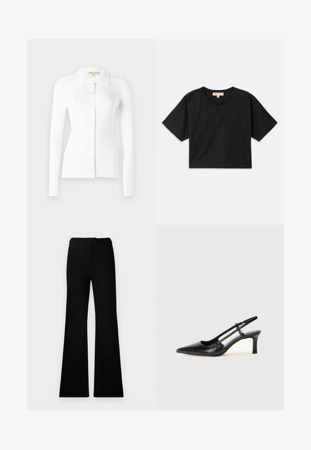 Cardigan blanc côtelé à manches longues, avec un devant à boutons et un col classique. Texture douce et design ajusté. Détails de boutons proéminents.; T-shirt noire cropped en coton. Caractéristiques : col rond et manches courtes. "MICHAEL KORS" brodé dans une couleur assortie sur le devant.; Pantalons évasés noirs avec une texture lisse, une taille cintrée et des poches avant, conçus avec une silhouette moderne et élégante.; Escarpin slingback en vernis noir avec un bout pointu, présentant un imprimé serpent texturé, une sangle réglable et un petit talon bloc texturé.